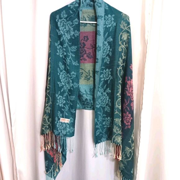 Pashmina Teal, Pink, Blue, Floral Scarf Cashmere, and Silk - Picture 5 of 9